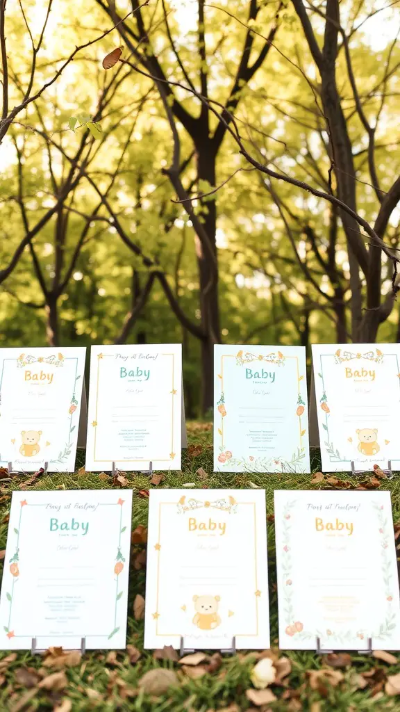 29 Creative Baby Shower Ideas for May Celebrations 5 A collection of baby shower invitations displayed outdoors, featuring colorful designs and cute elements like teddy bears.