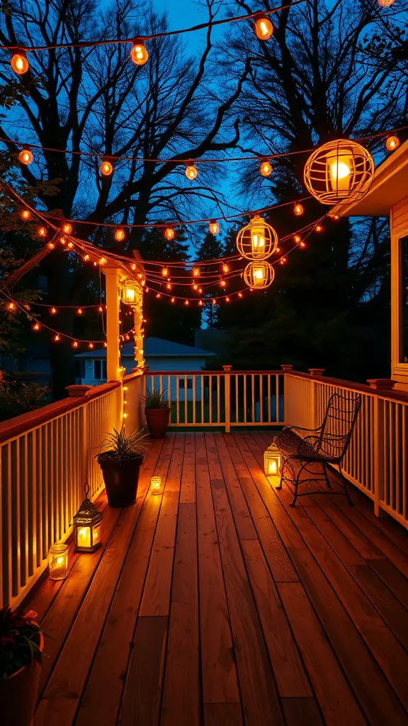 19 Inspiring Front Deck Ideas You'll Love 8 A beautifully lit front deck with string lights and lanterns creating a cozy evening atmosphere.