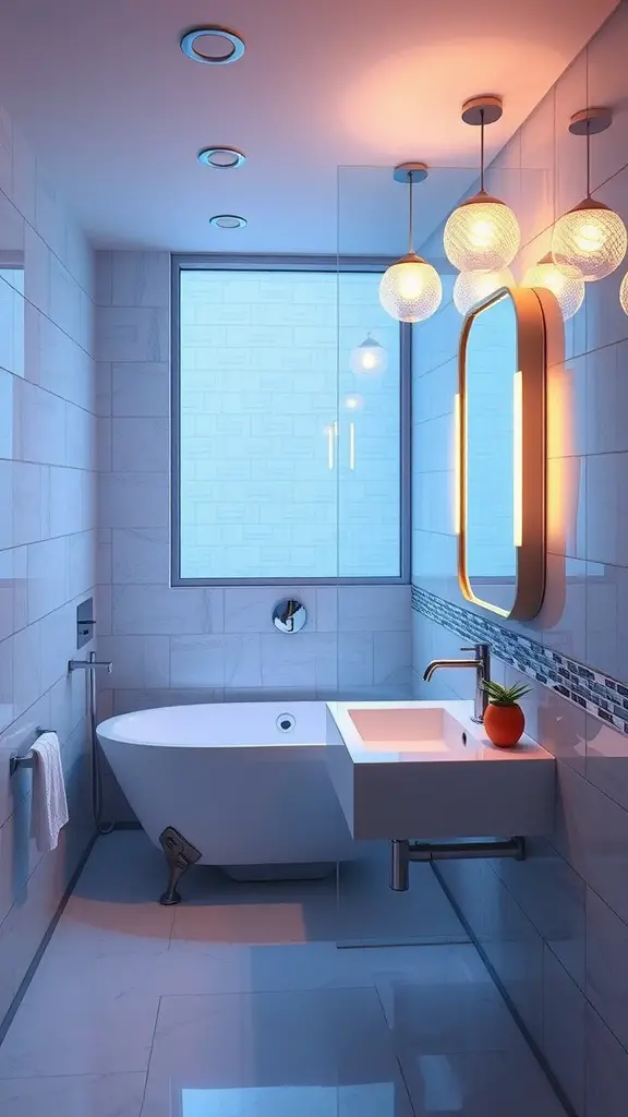 19 Creative Windowless Bathroom Ideas You’ll Love 5 A modern windowless bathroom featuring stylish lighting, including overhead recessed lights, pendant lights, and an illuminated mirror.