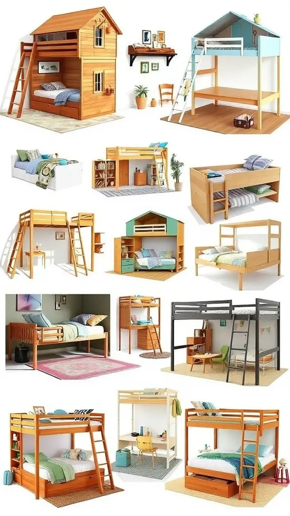 21 Creative Lofted Dorm Bed Ideas for Small Spaces 4 A collage of various lofted dorm bed designs in different styles and colors.