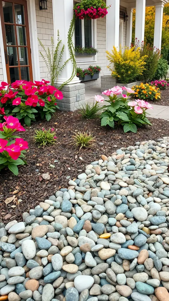 25 Stunning Front Entry Landscaping Ideas for a Welcoming Home 8 Front entry landscaping featuring colorful flowers and smooth pebbles as mulch.