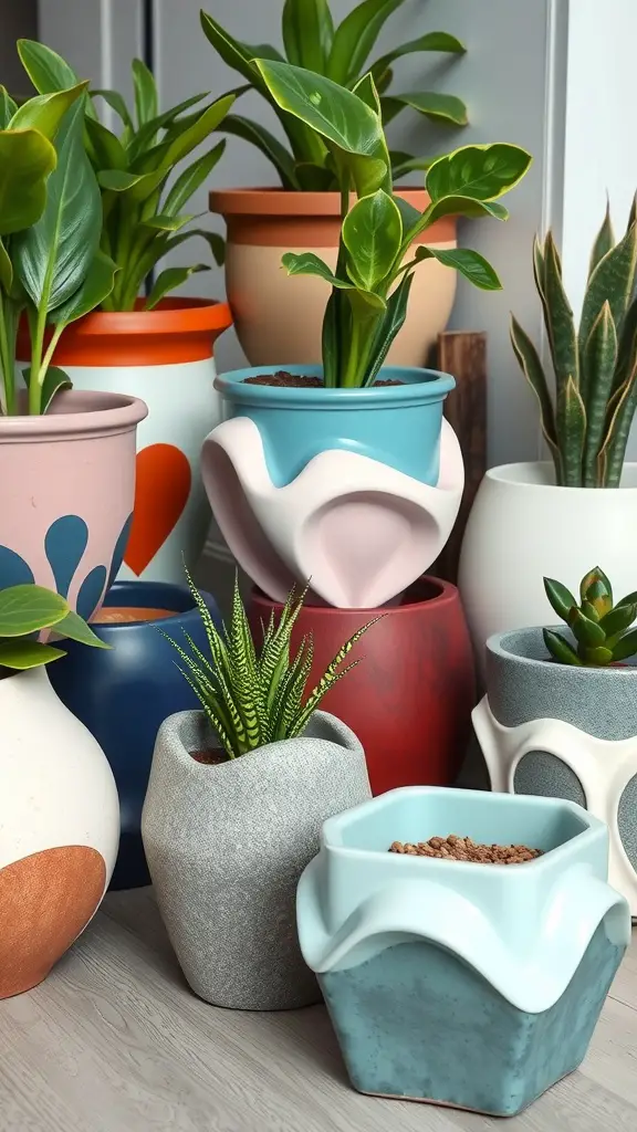 21 Stunning House Plant Decor Ideas for Every Room 17 A variety of creative plant pots with distinct colors and shapes, featuring different plants.