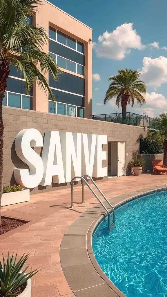 15 Stunning Pool Decorating Ideas to Transform Your Backyard 15 A large sign reading 'SANVE' next to a pool surrounded by palm trees and modern architecture.