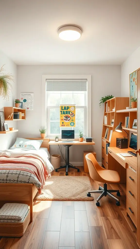 23 Creative Triple Dorm Room Ideas to Maximize Space and Style 6 A cozy triple dorm room featuring a bed, study area, and natural light.