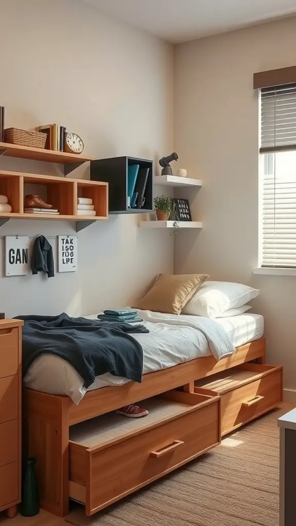 21 Creative Boys Dorm Room Ideas to Elevate Your Space 8 A stylish boys dorm room with a bed featuring under-bed storage drawers and wall-mounted shelves.