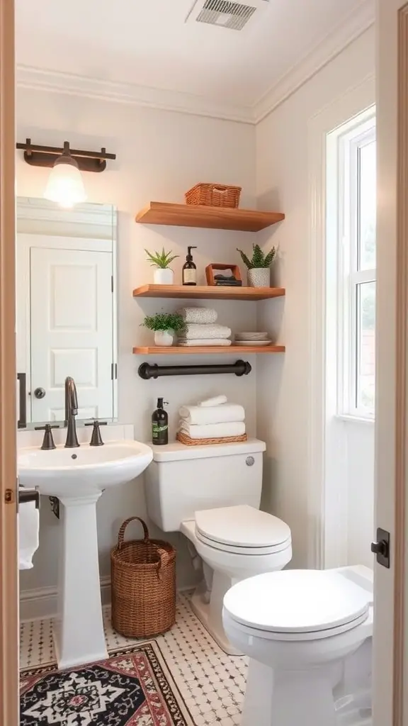 21 Stunning Upstairs Bathroom Ideas You’ll Love 9 A small bathroom featuring floating shelves with plants and neatly arranged towels.