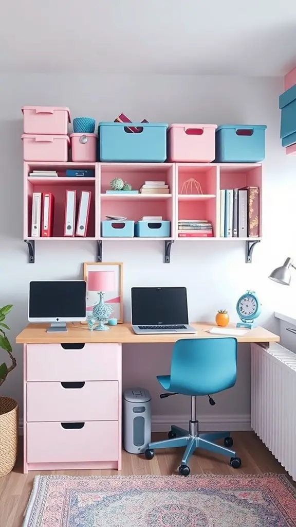 19 Stylish Pink and Blue Dorm Room Ideas to Elevate Your Space 13 A colorful and organized dorm room workspace with pink and blue storage solutions.