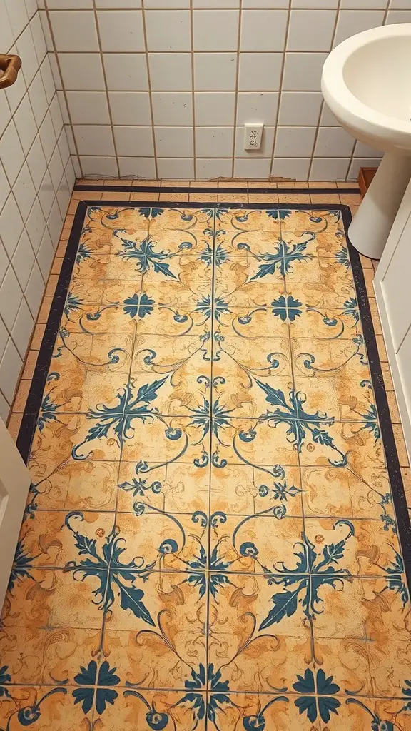 29 Funky Bathroom Ideas to Transform Your Space 9 A tiled bathroom floor featuring a floral pattern in blue and gold colors.