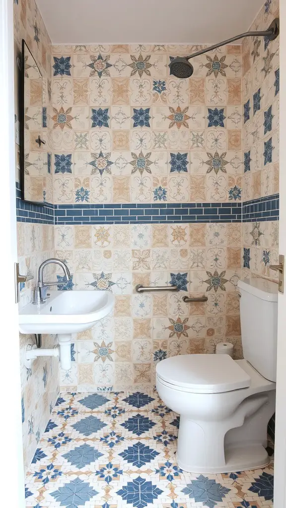 19 Stylish Small Main Bathroom Ideas to Maximize Space 7 A small bathroom with creative tile patterns on both the walls and floor, featuring floral and geometric designs in blue and neutral tones.