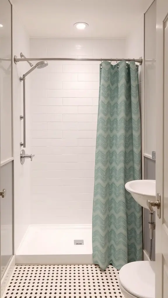 27 Clever Tiny Bathroom Ideas for Maximum Style and Functionality 9 A small bathroom with a corner shower and a compact sink, featuring light tiles and a colorful shower curtain.