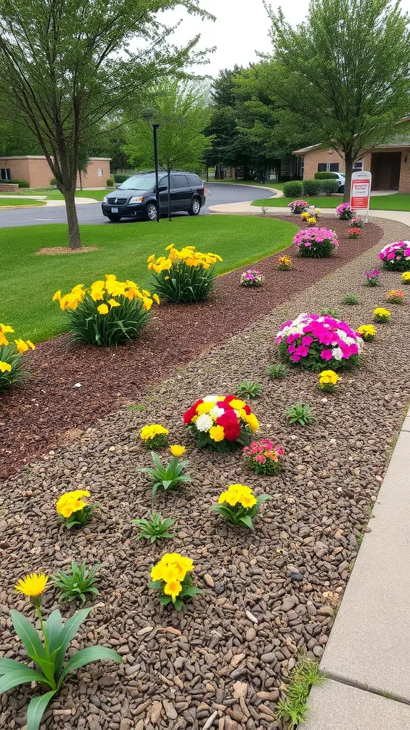 Front yard with vibrant flowers and brown mulch