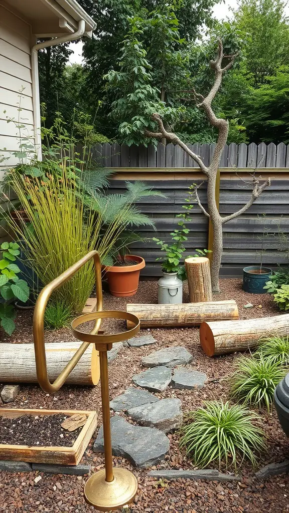 23 Creative Side Yard Landscaping Ideas You’ll Love 17 A creatively landscaped side yard featuring repurposed materials like logs, a golden stand, and various plants.
