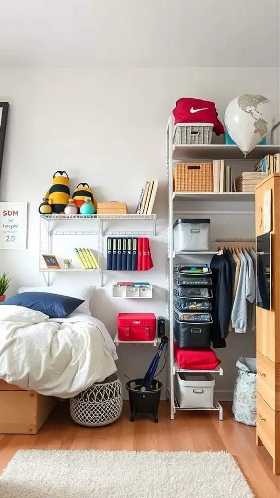 19 Stylish Dorm Room Ideas for Guys 16 A stylish dorm room featuring vertical storage solutions, organized shelves, and a cozy bed.