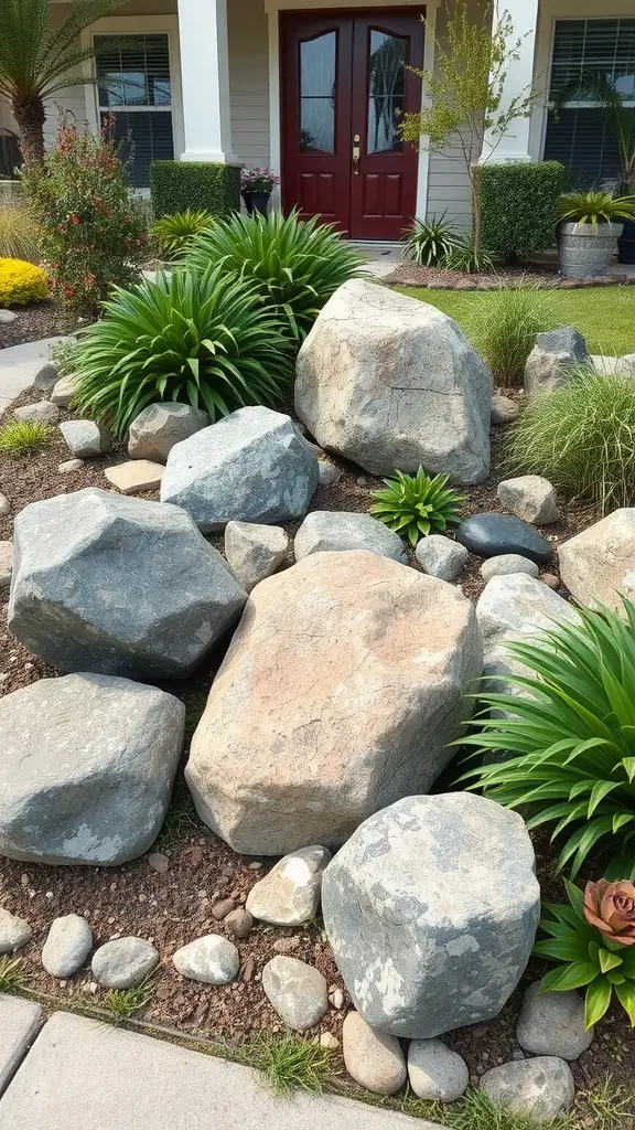 13 Creative Front Yard Landscaping Ideas to Enhance Your Curb Appeal 8 A front yard landscape featuring various sizes of stones and boulders surrounded by lush plants and a clear entrance.