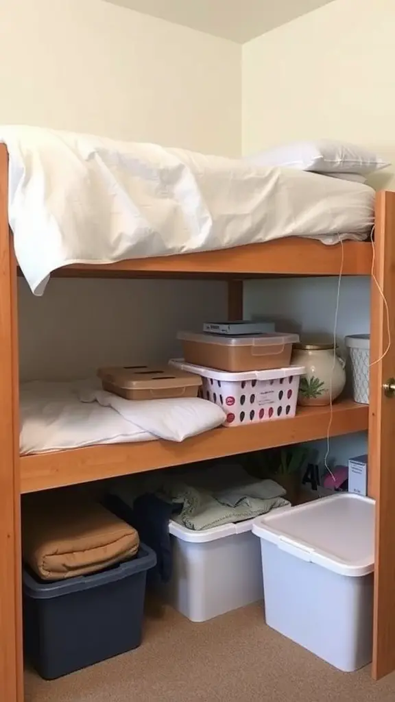 19 Creative Small Dorm Room Ideas to Maximize Your Space 5 Under-bed storage setup with bins and boxes organized neatly