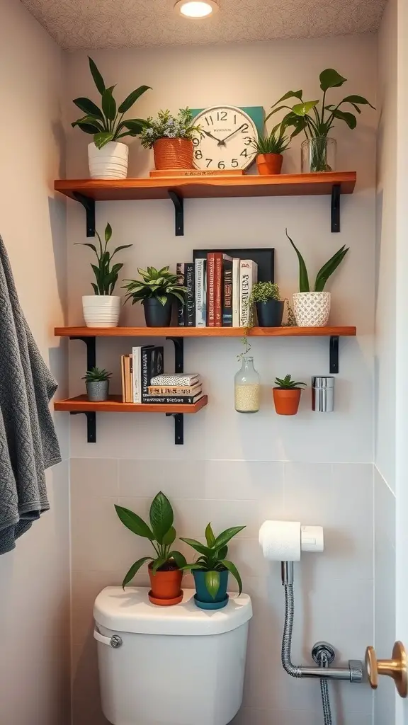 19 Creative Dorm Bathroom Ideas for a Stylish Space 6 Creative wall shelves in a dorm bathroom featuring plants and books above the toilet.