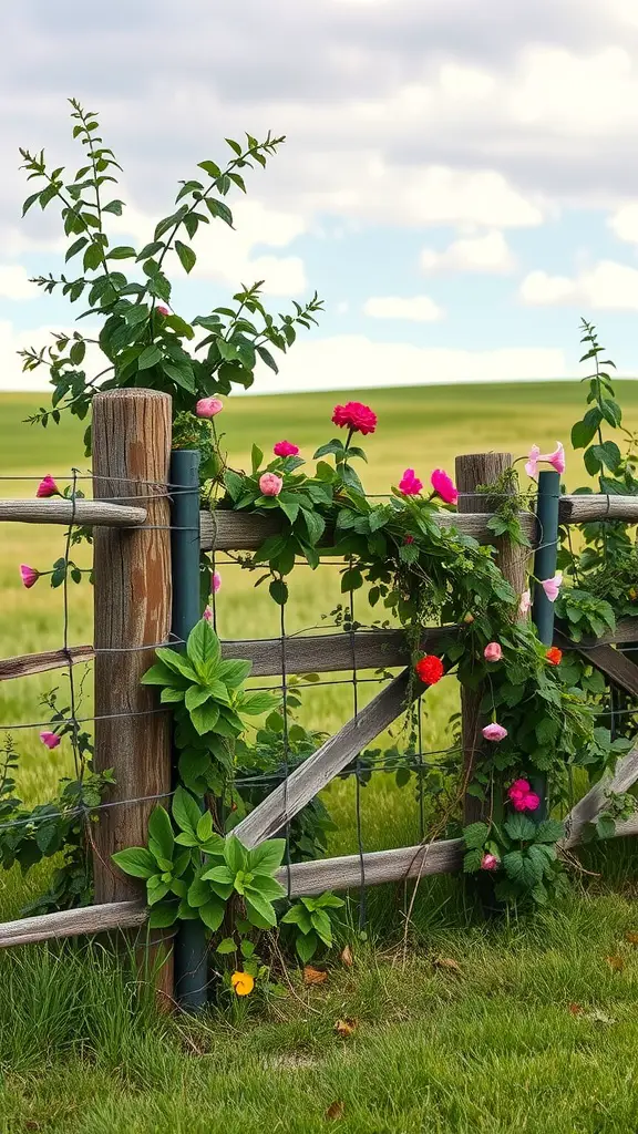 19 Creative Split Rail Fence Ideas for Your Outdoor Space 6 A split rail fence covered with colorful flowers and greenery, set against a scenic landscape.