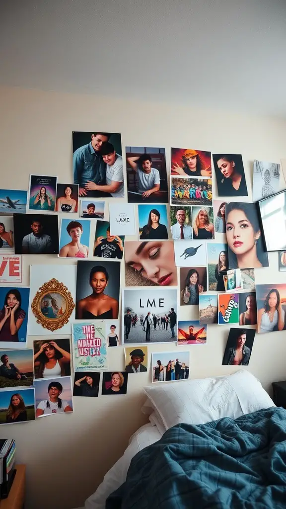 19 Stylish Dorm Room Ideas for a Cozy and Functional Space 10 A creative wall art display featuring a collage of various portraits and prints in a dorm room.