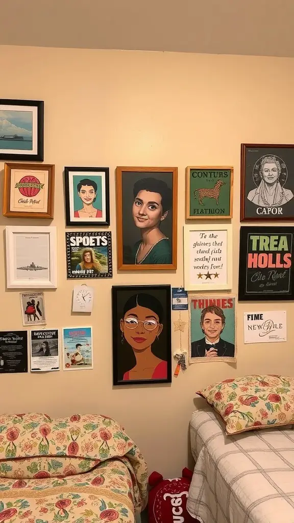 15 Adorable Dorm Room Ideas to Transform Your Space 9 A colorful wall art display featuring various framed portraits and quotes in a dorm room setting.