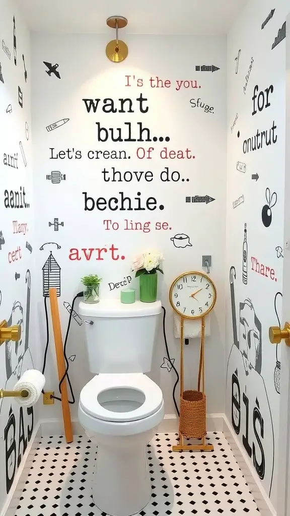 23 Creative College Bathroom Decor Ideas for a Stylish Space 15 A creatively decorated bathroom with playful wall decals featuring quirky text and illustrations.