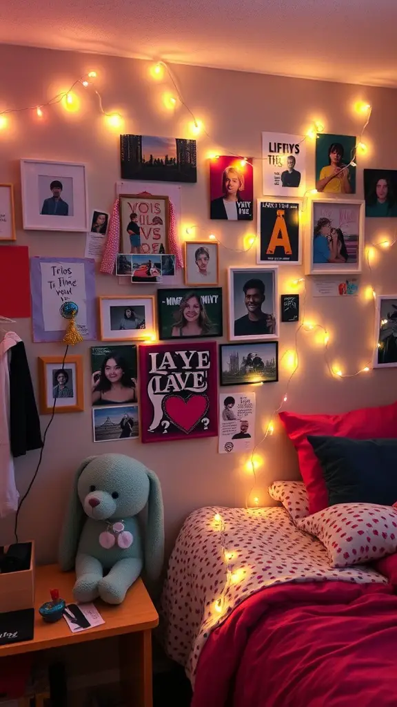 19 Creative Dorm Layout Ideas to Maximize Your Space 2 A cozy dorm room wall decorated with photos, colorful artwork, and string lights.