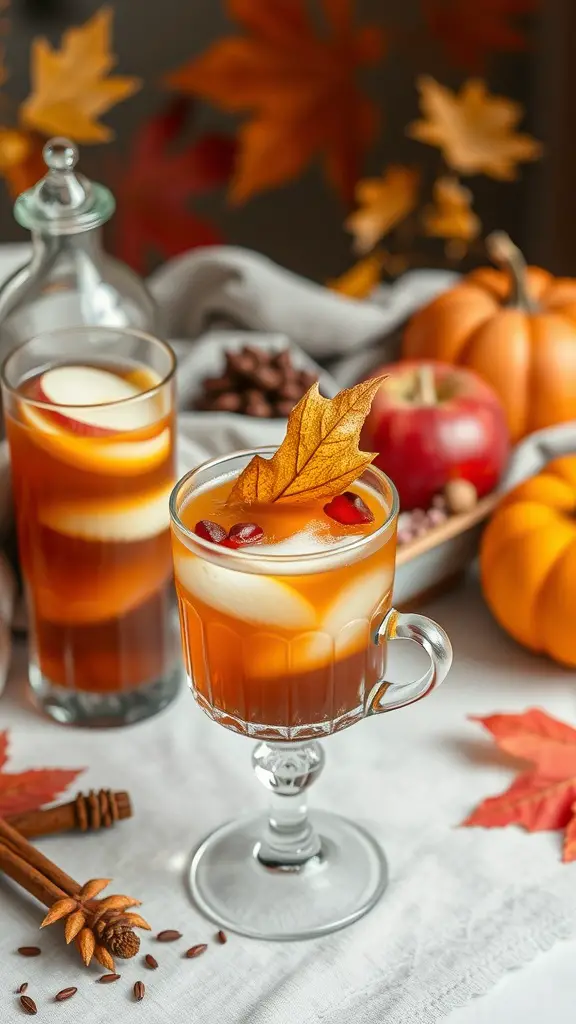 17 Charming Autumn Baby Shower Ideas for a Cozy Celebration 15 Two glasses of autumn-themed drinks topped with apple slices and a leaf, surrounded by pumpkins and autumn leaves.