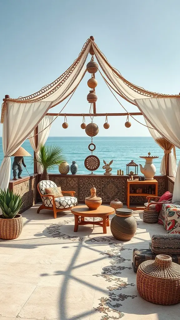 15 Stunning Pool Cabana Ideas for Ultimate Relaxation 16 A cultural themed cabana by the ocean with drapes, wooden furniture, and decorative pottery.