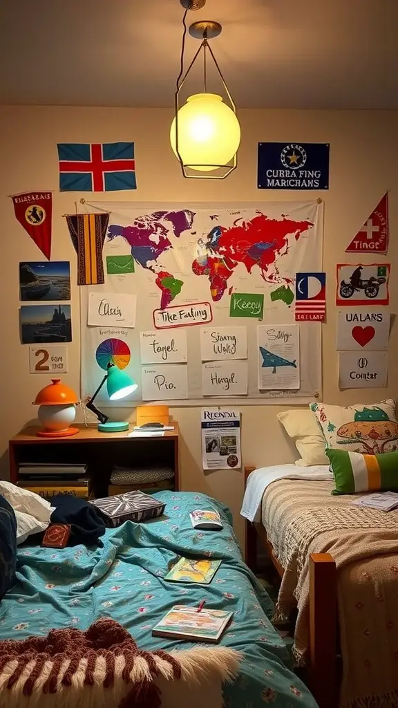 25 Stunning Luxury Dorm Room Ideas to Elevate Your Space 13 A cozy dorm room with a decorated wall featuring a world map and various country flags, colorful bedding, and a study area.