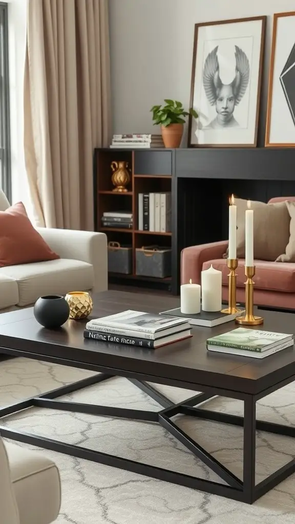 19 Cozy Modern Living Room Inspiration Ideas 14 Cozy modern living room coffee table with books, candles, and decorative items
