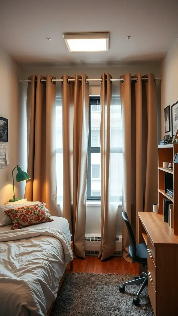 19 Creative Small Dorm Room Ideas to Maximize Your Space 13 A small dorm room with curtains used as space dividers for privacy, showcasing a bed and desk area.