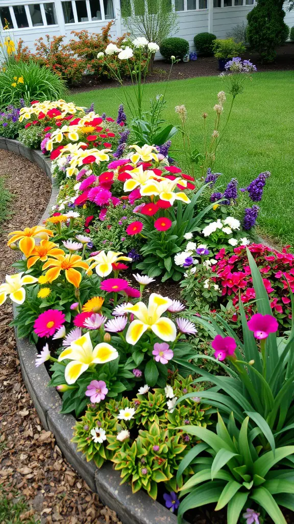 15 Beautiful Corner Flower Bed Ideas for Your Garden 7 A vibrant curved flower bed filled with various colorful flowers, showcasing a beautiful garden landscape.