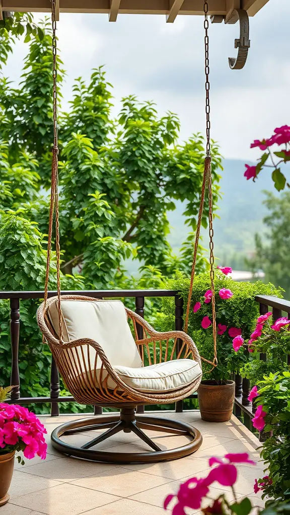 27 Creative Outdoor Swing Ideas for Your Backyard Bliss 16 A cushioned swinging chair on a balcony surrounded by green trees and pink flowers.