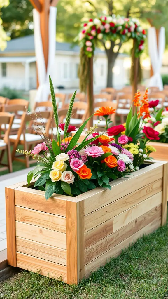 17 Creative Cedar Planter Box Ideas for Your Garden 13 A cedar planter box filled with colorful flowers, enhancing an outdoor event setup.