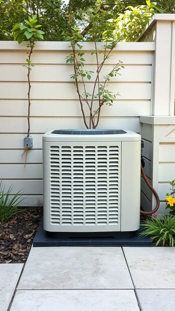 15 Creative Outdoor Ideas for AC Unit Covers 6 An outdoor AC unit with a custom metal grate, surrounded by plants and a clean pathway.