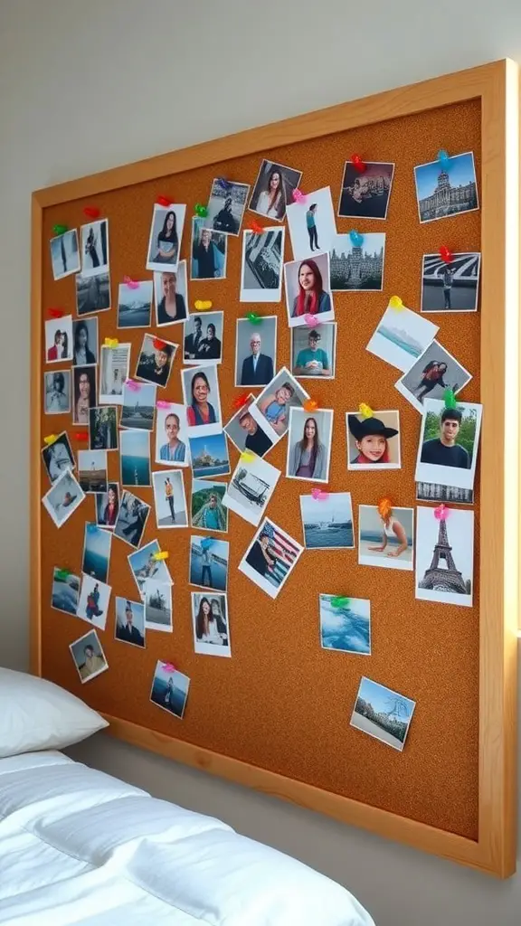 19 Creative Dorm Wall Decor Ideas to Personalize Your Space 6 A corkboard filled with colorful photos pinned with clips, mounted above a bed in a dorm room.