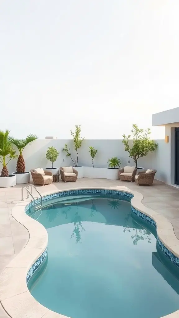19 Creative Small Pool Design Ideas for Your Backyard 7 A custom shaped pool surrounded by chairs and plants in a modern outdoor setting.