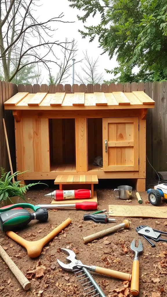 19 Creative Pallet Chicken Coop Ideas You’ll Love 17 A partially constructed wooden chicken coop with tools scattered around, set in a backyard.