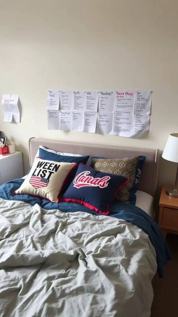 21 Creative Boys Dorm Room Ideas to Elevate Your Space 4 A cozy dorm bed with colorful customized pillows and a light blanket.