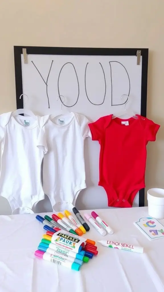 27 Creative Baby Shower Ideas for an August Celebration 10 A decorated onesie station at a baby shower, featuring plain onesies and colorful markers
