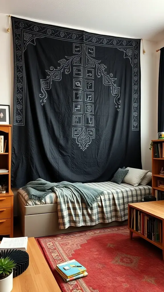 25 Dark Dorm Room Aesthetic Ideas for a Cozy and Chic Vibe 13 A dark tapestry on the wall of a dorm room, featuring intricate designs, with a bed and wooden furniture in the foreground.