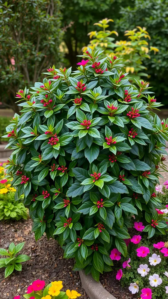 23 Stunning Evergreen Shrubs to Enhance Your Garden 4 Japanese Holly shrub with red berries and green leaves surrounded by colorful flowers