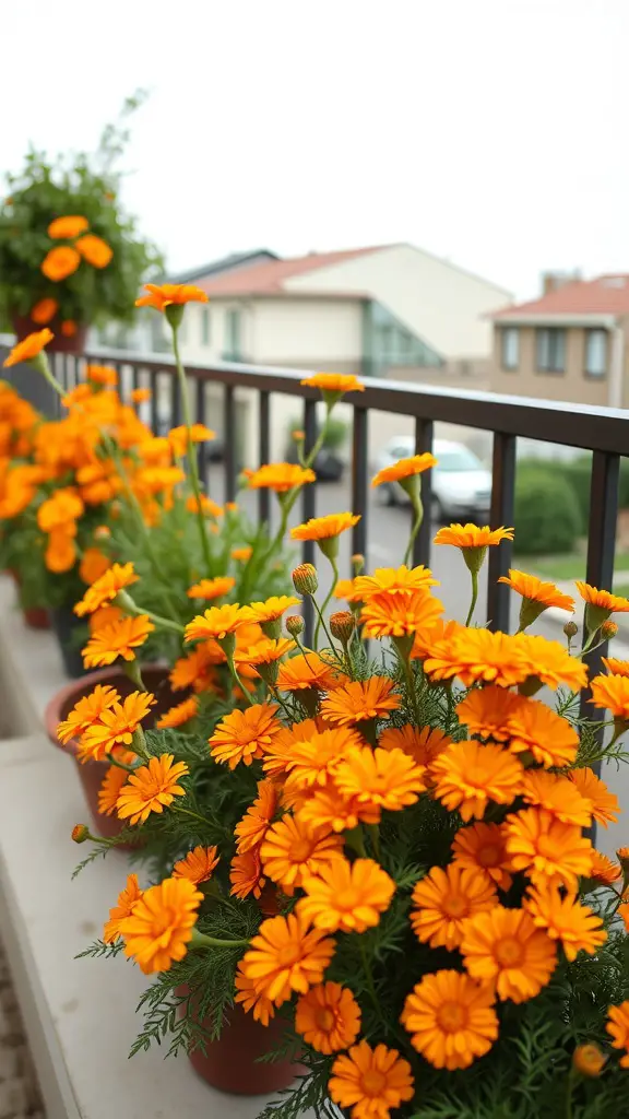 19 Creative Balcony Plant Ideas to Transform Your Space 4 A vibrant display of marigold flowers in pots on a balcony, showcasing bright orange blooms against a blurred urban background.