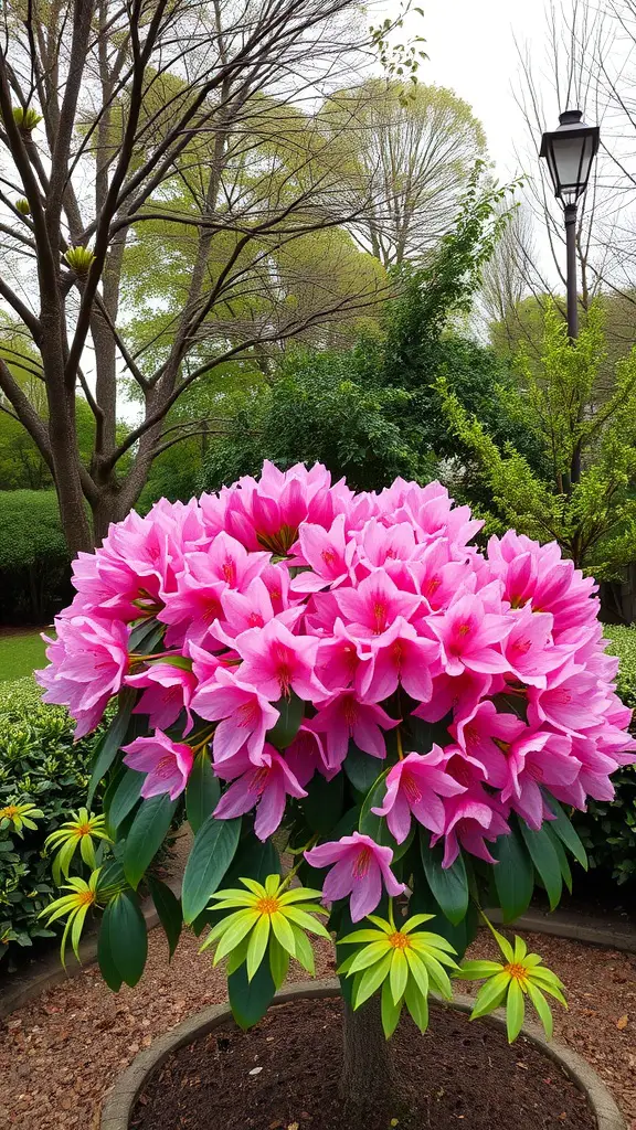 23 Stunning Flowering Shrubs to Transform Your Garden 2 A vibrant cluster of pink rhododendron flowers on a shrub with green leaves in a garden setting.