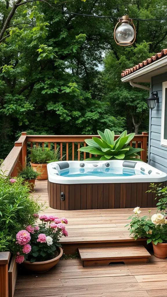 A deck with a hot tub surrounded by lush greenery and colorful flowers.