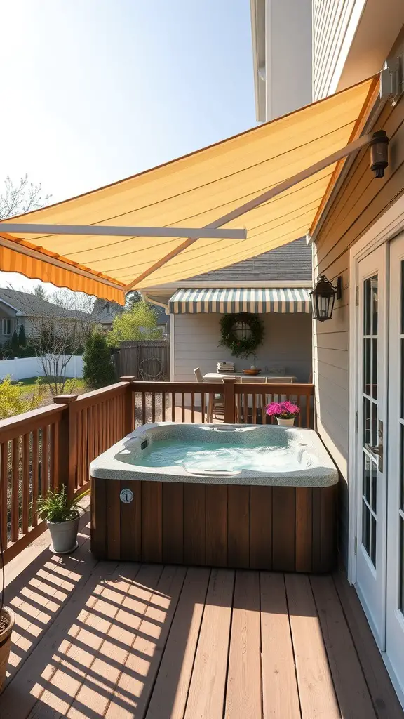 Deck with a hot tub and a retractable awning providing shade.