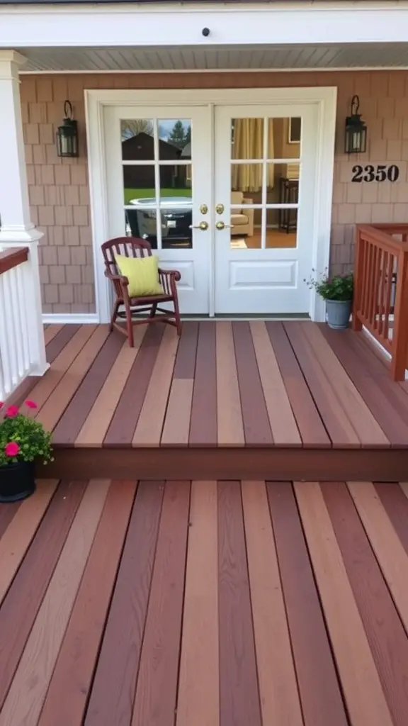 19 Inspiring Front Deck Ideas You'll Love 11 Front deck featuring wooden planks in shades of brown, a white door, and a small chair with a yellow cushion.