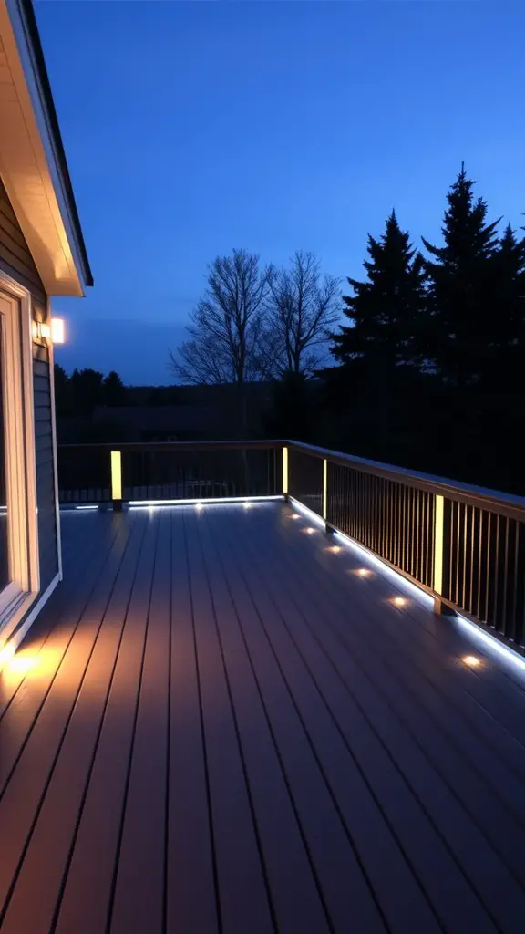 17 Stunning Modern Deck Ideas for Your Outdoor Space 2 A modern deck illuminated with integrated lighting at dusk.