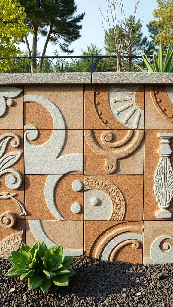 21 Creative Retaining Wall Ideas to Transform Your Landscape 16 Decorative concrete panels with intricate designs on a retaining wall