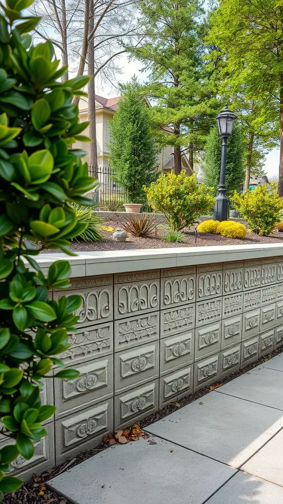 27 Creative Small Retaining Wall Ideas for Your Garden 7 Decorative concrete retaining wall with intricate designs and surrounding greenery.