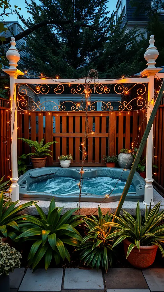 19 Creative Hot Tub Privacy Ideas for Ultimate Relaxation 9 A cozy hot tub area surrounded by a decorative wooden fence, with plants and string lights.